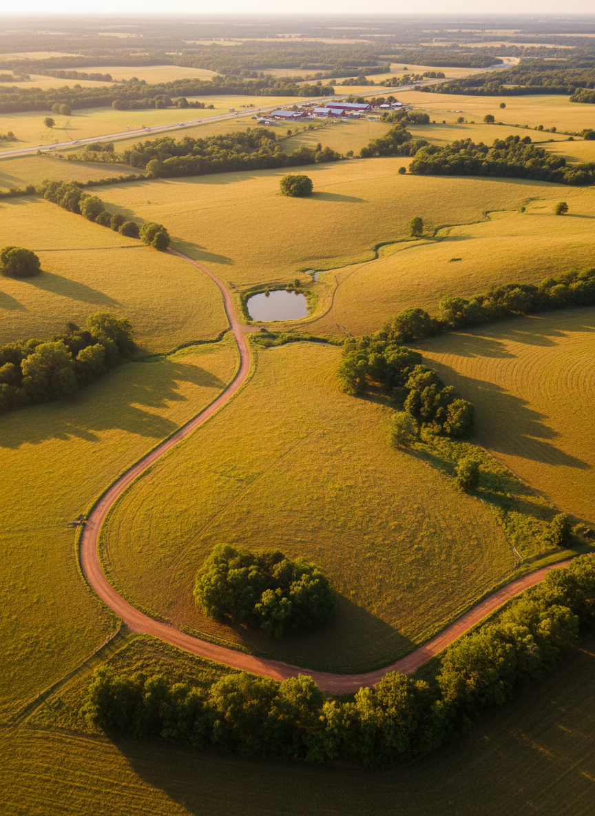 An expansive aerial photograph of a large rural land holding suitable for long-term investment, captured during golden hour for rich photographic realism. The frame shows a mosaic of open pasture, lightly forested sections, and a small reflective pond, all intersected by a single dirt access road that winds through the property. Sunlight from a low horizon creates dramatic yet soft shadows from tree clusters, highlighting the property’s contours and natural drainage. In the far background, distant farm structures and a faint highway suggest connectivity without crowding the scene. Shot from a high but angled bird’s-eye view, the composition balances natural beauty with clear evidence of access and scale, portraying a prime land acquisition opportunity for a nationwide real estate investment firm.