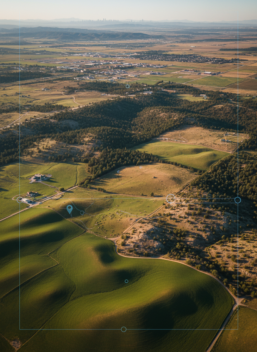 A wide panoramic aerial photograph of diverse American landscapes, showcasing JNC Homes LLC’s nationwide land investment focus. In the foreground, gently rolling green fields transition into a patchwork of ranch land, wooded parcels, and desert plots, each clearly defined with natural boundaries and dirt access roads. Beyond, a distant skyline suggests small towns and growing suburbs. Soft late-afternoon sunlight bathes the terrain in warm golden tones, casting long, clear shadows that emphasize topography. Shot from a high bird’s-eye view with sharp focus throughout, the composition feels expansive and professional. A subtle overlay of semi-transparent map-style lines and location markers, without text or logos, hints at a nationwide acquisition strategy while maintaining a clean, photographic realism suited for a real estate investment website.