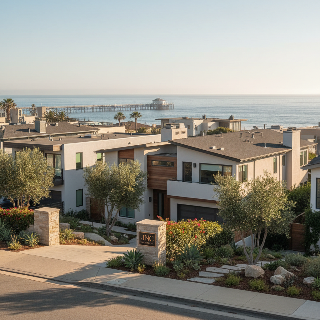A tranquil, high-resolution photograph of a coastal Southern California neighborhood near Hermosa Beach, subtly suggesting the location of JNC Homes LLC’s headquarters. In the foreground, tastefully renovated homes with clean lines, light stucco exteriors, and tidy xeriscaped front yards line a gently sloping street. In the distance, a glimpse of the Pacific Ocean and a hazy pier hint at the beach environment. Warm late-afternoon sunlight creates soft highlights on rooftops and casts long, gentle shadows, contributing to a relaxed yet prosperous atmosphere. Captured from a slightly elevated angle with sharp focus, the composition emphasizes stable, desirable property markets where land and homes offer strong investment potential, reinforcing the company’s professional, coastal roots.