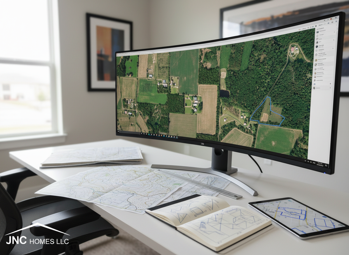 A bright, modern workspace dedicated to evaluating land investments for JNC Homes LLC, captured in precise photographic realism. A large ultra-wide monitor dominates the scene, displaying a high-resolution satellite view of mixed-use land parcels—fields, wooded lots, and semi-rural plots—without any visible text. Surrounding the monitor on a tidy white desk are printed topographic maps, a metal scale ruler, a tablet showing parcel boundary outlines, and a notepad with geometric sketches instead of handwriting. Soft, diffused daylight from a nearby window combines with subtle overhead office lighting, eliminating harsh shadows and highlighting analytic detail. Shot from a three-quarter angle with moderate depth of field, the composition feels analytical, organized, and professional, perfectly aligned with a data-driven real estate investment company.
