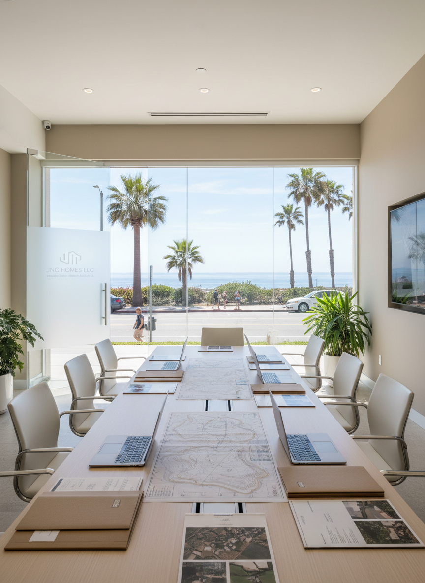 A clean, professional office space representing the JNC Homes LLC headquarters in Hermosa Beach, California, captured in photographic realism. The scene features a long, light-wood conference table with neatly arranged laptops, architectural land maps, and property folders, all open to detailed aerial images of land parcels. Large windows reveal a hint of palm trees and a sunlit coastal street outside, suggesting the Hermosa Beach location. Soft coastal daylight floods the room, creating gentle reflections on glass surfaces and polished metal chair legs. Shot at eye level with a subtle wide-angle lens, the composition emphasizes order, transparency, and focus. The mood is calm, efficient, and businesslike, ideal for a professional real estate investment firm specializing in land and property acquisitions.
