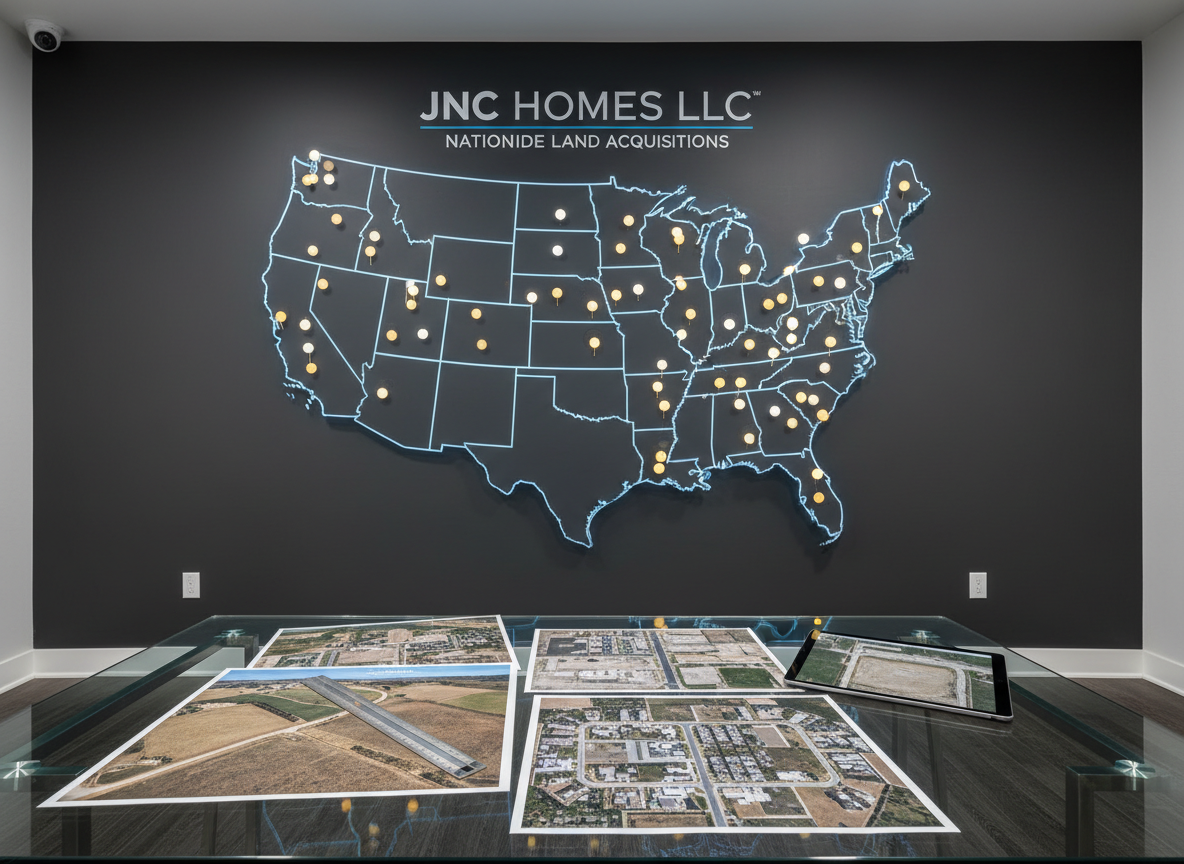 A high-resolution photograph of a large digital wall map of the United States in a modern investment office, emphasizing JNC Homes LLC’s nationwide reach. The map glows softly on a sleek dark wall, with illuminated, text-free location points scattered across multiple states, indicating active land acquisitions. In the foreground, a glass-topped desk holds printed aerial photos of vacant lots, rural acreage, and suburban infill parcels, along with a metal ruler and a tablet showing satellite imagery. Cool, balanced office lighting creates minimal glare and crisp details. Captured from a slightly elevated angle using the rule of thirds, the composition draws the viewer from the desk to the glowing map, conveying strategic planning, scale, and data-driven land investment in a clean, professional photographic style.